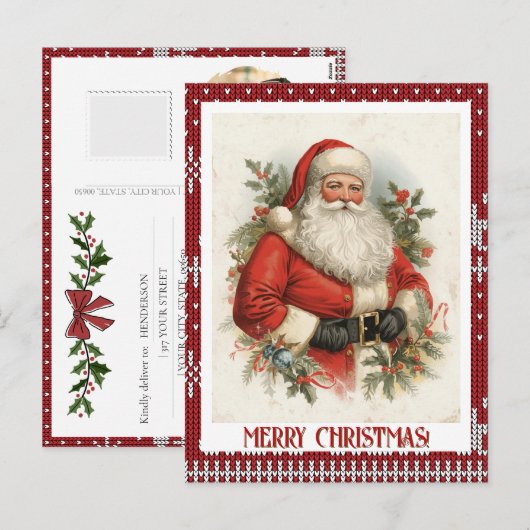 Your Photo Vintage Christmas Santa Personalised  Feestdagenkaart (Voorkant / Achterkant)