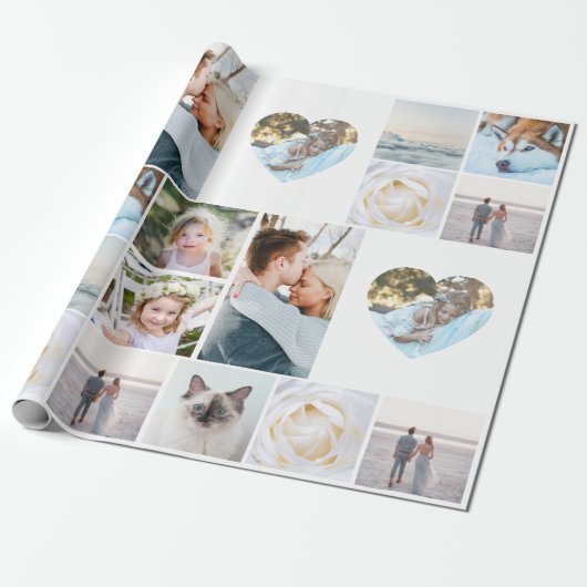 Your Photos Custom Collage Grid Heart Modern Cadeaupapier (Uitgerold)