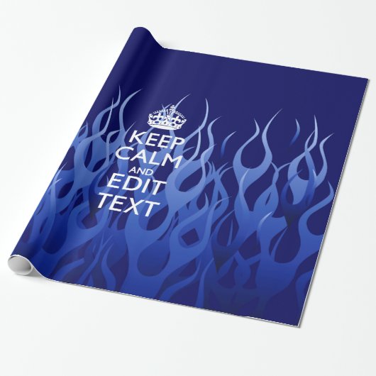 Your Text on Keep Calm on Navy Blue Racing Flames Cadeaupapier (Uitgerold)