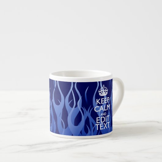 Your Text on Keep Calm on Navy Blue Racing Flames Espresso Kop (Voorkant rechts)