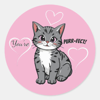 You're Purr-fect Animated Cat and Hearts Pink Ronde Sticker