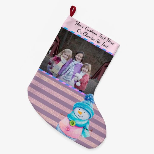 YourPic/Text Paars Roze Rozenstrook Snowman Grote Kerstsok (Voorkant (Hangend))