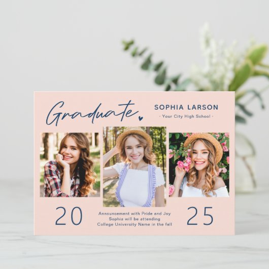 Youthful Navy Blush 3 Foto Collage Afstuderen Aankondiging (Staand voorkant)