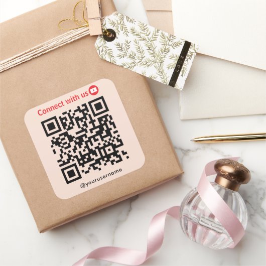 YouTube Connect Met Ons QR Code Zachte Peach Vierkante Sticker (Geschenken)