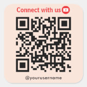 YouTube Connect Met Ons QR Code Zachte Peach Vierkante Sticker (Voorkant)