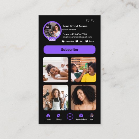 YouTube Paarse Influencer Vlogger Creator QR Code Visitekaartje (Voorkant)
