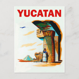 Yucatan, piramide en oud gebouw, vintage briefkaart