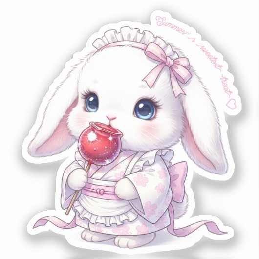 Yukata Bunny with Apple Candy - Pink Pastel Ribbon Sticker (Voorkant)