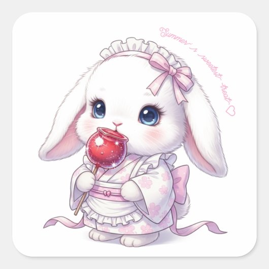 Yukata Bunny with Apple Candy - Pink Pastel Ribbon Vierkante Sticker (Voorkant)