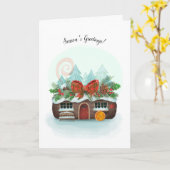 Yule Log Cabin Season's Greetings Kaart (Gele Bloem)