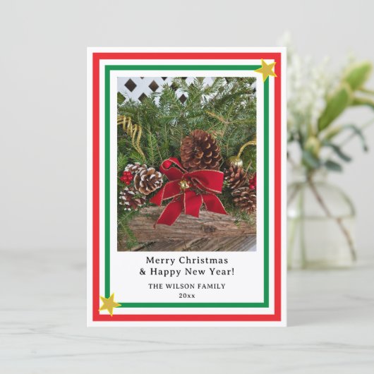 Yule Log Red Bow Candy Canes INSERT PHOTO  Feestdagenkaart (Staand voorkant)