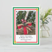 Yule Log Red Burlap Bow Green INSERT PHOTO Feestdagenkaart (Staand voorkant)