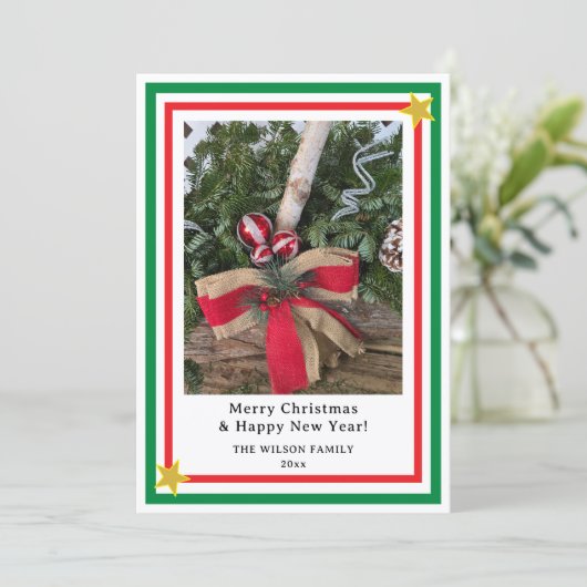 Yule Log Red Burlap Bow Green INSERT PHOTO  Feestdagenkaart (Staand voorkant)