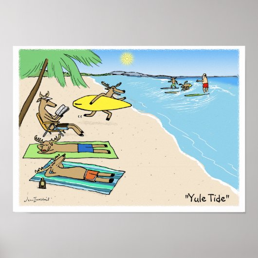 "Yule Tide" - Kerstman en rendier strandvakantie Poster (Voorkant)