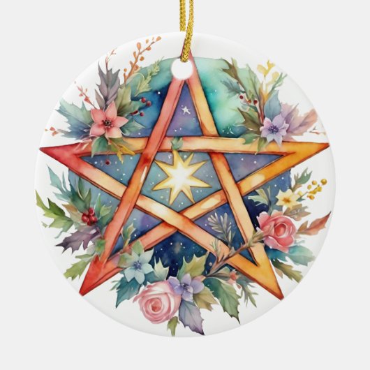 Yule Tree Winter Solstice Floral Wicca Pentacle Keramisch Ornament (Voorkant)