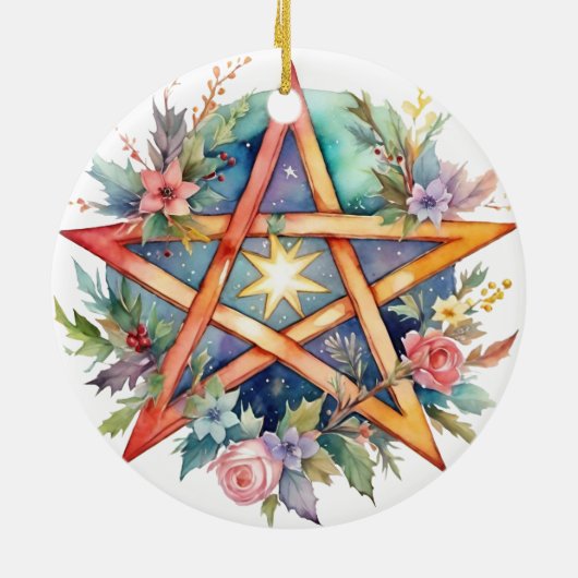 Yule Tree Winter Solstice Floral Wicca Pentacle Keramisch Ornament (Achterkant)