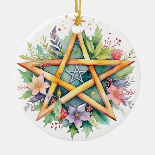 Yule Tree Winter Solstice Floral Wicca Pentacle Keramisch Ornament (Voorkant)