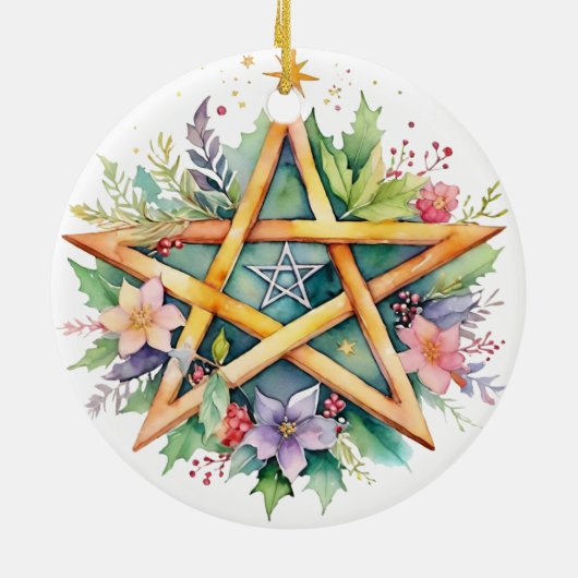Yule Tree Winter Solstice Floral Wicca Pentacle Keramisch Ornament (Achterkant)