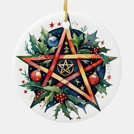 Yule Tree Winter Solstice Holly Wicca Pentacle Keramisch Ornament (Achterkant)