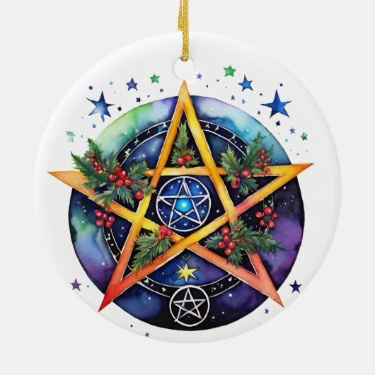 Yule Tree Winter Solstice Holly Wicca Pentacle Keramisch Ornament (Achterkant)