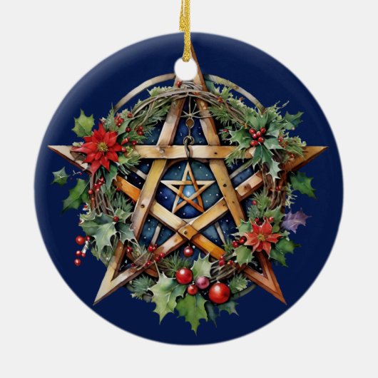 Yule Tree Winter Solstice Holly Wicca Pentacle Keramisch Ornament (Achterkant)