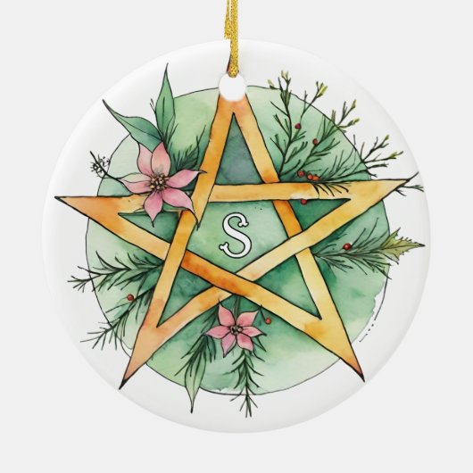 Yule Tree Winter Solstice Monogram Wicca Pentacle Keramisch Ornament (Achterkant)