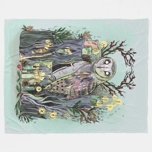 Yule Winter Solstice Barn Owl met looppas Fleece Deken (Voorkant (Horizontaal))