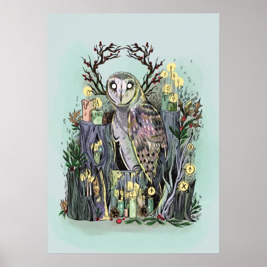 Yule Winter Solstice Barn Owl met looppas Poster (Voorkant)