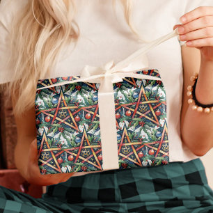 Yule Winter Solstice Greenery Wiccan Pentacle Cadeaupapier