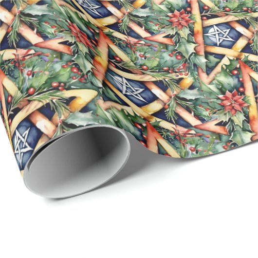 Yule Winter Solstice Holly Greenery Wicca Pentacle Cadeaupapier (Rol Hoek)