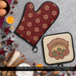 Yule Zegeningen en Holly Star Vintage Kerstmis Ovenwant & Pannenlap Set