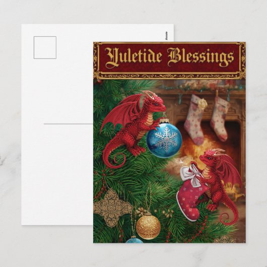 Yuletide Blessings Fantasy Dragon Christmas Feestdagenkaart (Voorkant / Achterkant)