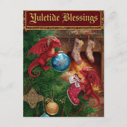 Yuletide Blessings Fantasy Dragon Christmas Feestdagenkaart (Voorkant)