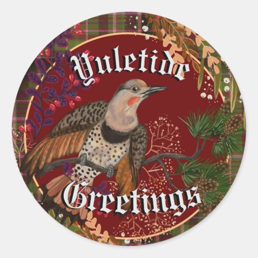 Yuletide Greetings Northern Flicker Ronde Sticker (Voorkant)