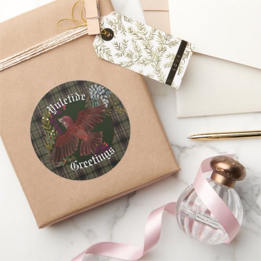 Yuletide Greetings Paarse Finch Ronde Sticker (Geschenken)