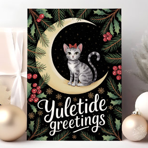 Yuletide Groeten Kat op de Maan Kerstmis Feestdagen Kaart