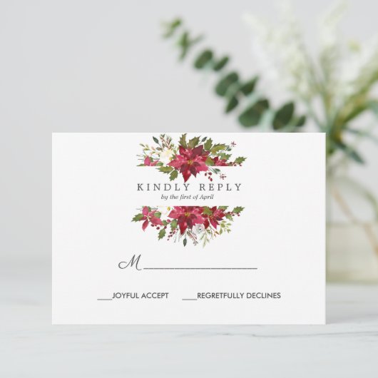 Yuletide | Poinsettia Kerst Bruiloft Reactie RSVP Kaartje (Staand voorkant)