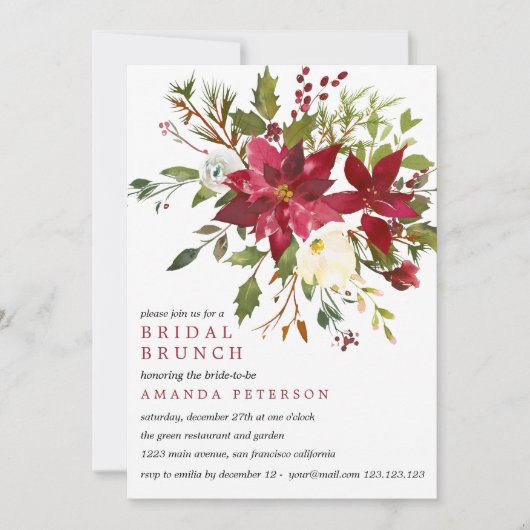 Yuletide| PoinsettiaBouquet Wedding Bridal Brunch Kaart (Voorkant)