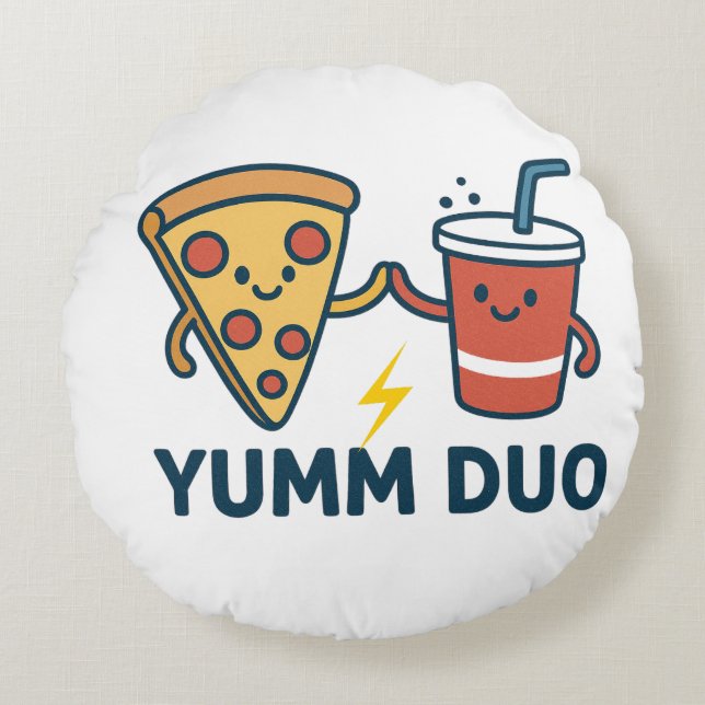 Yumm Duo Pizza en Soda Schattigee Cartoon Rond Kussen (Voorkant)