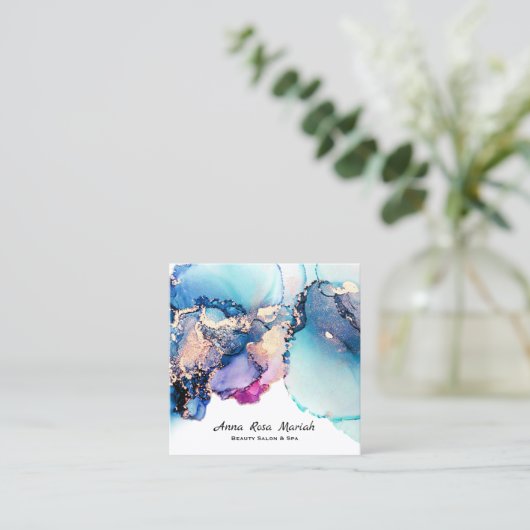 *~* Yummy Abstract Turquoise Gold Gilded Blauwgroe Vierkante Visitekaartje (Staand voorkant)