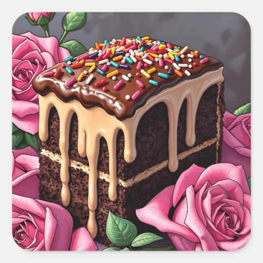 Yummy Chocolate Birthday Cake with Sprinkles Vierkante Sticker (Voorkant)