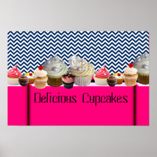 YUMMY CUPCAKES WOESTIJNWINKEL/ BLAUW WIT CHEVRON POSTER