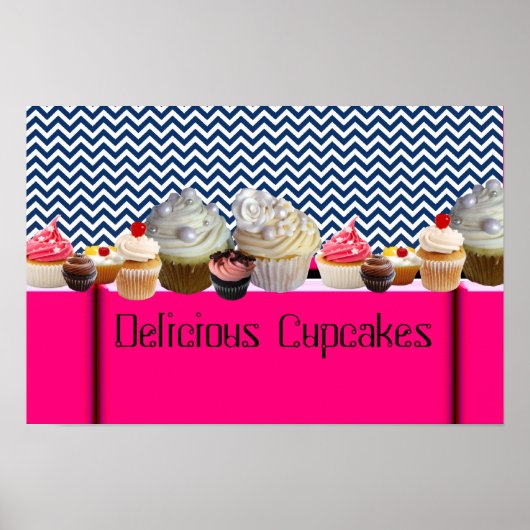 YUMMY CUPCAKES WOESTIJNWINKEL/ BLAUW WIT CHEVRON POSTER (Voorkant)