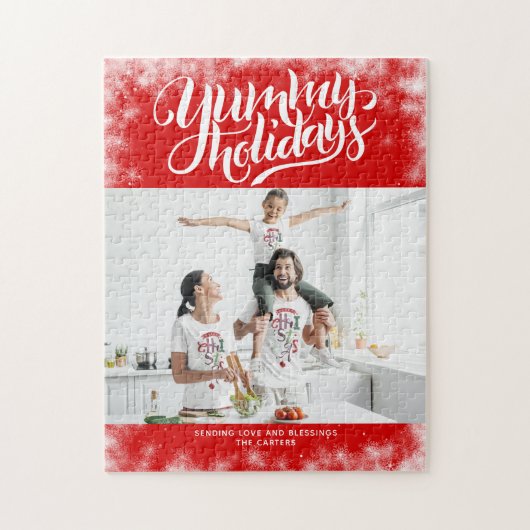 Yummy Feestdagen Red White Lettering Custom Photo Legpuzzel (Verticaal)