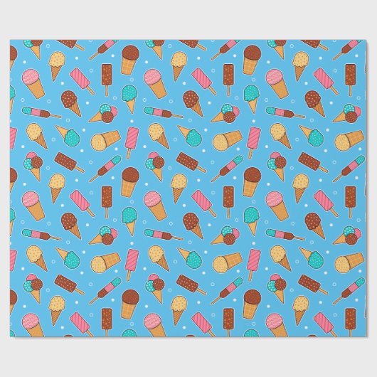 Yummy Ice Cream Pattern | Blauw Cadeaupapier (Vlak)