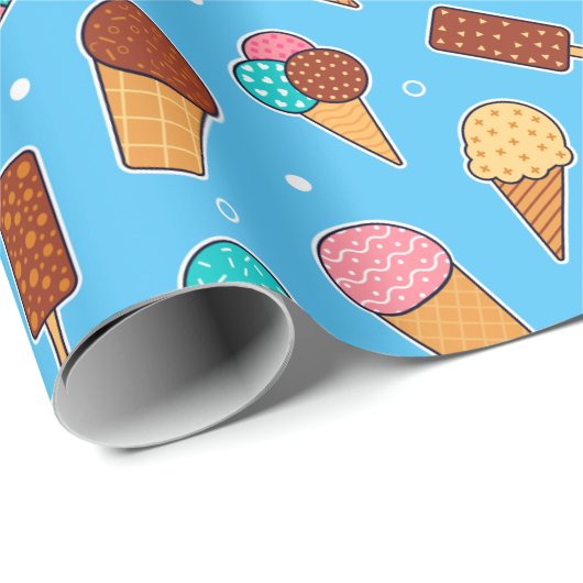Yummy Ice Cream Pattern | Blauw Cadeaupapier (Rol Hoek)