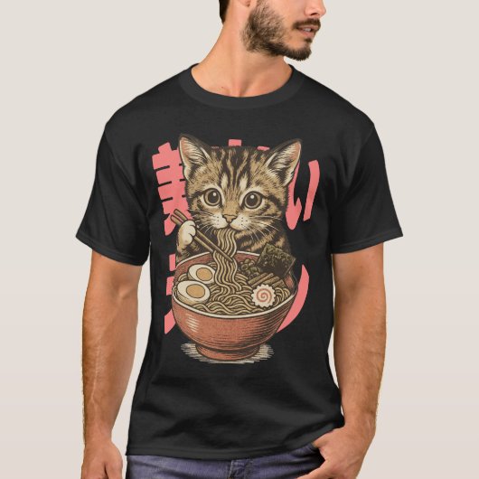 Yummy Ramen Kitten Black T-shirt (Voorkant)