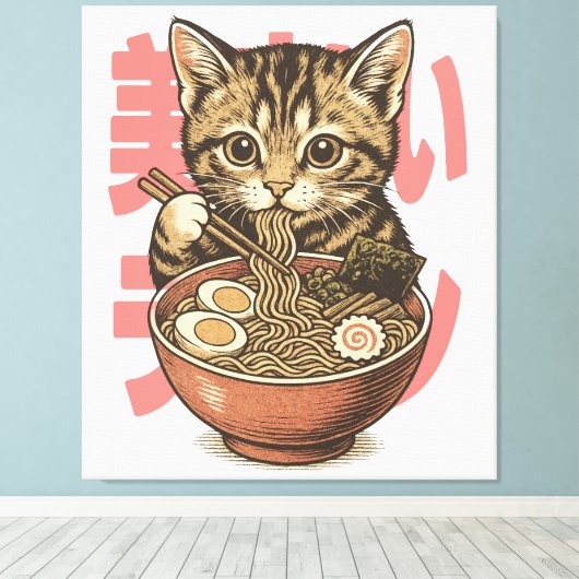 Yummy Ramen Kitten Canvas Afdruk (Insitu (Houten vloer))