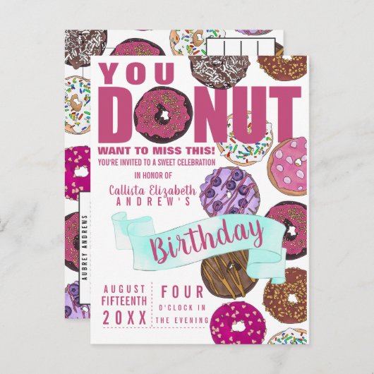 Yummy Schattige Roze Blauwgroen Donuts Waterverf V Uitnodiging Briefkaart (Voorkant / Achterkant)