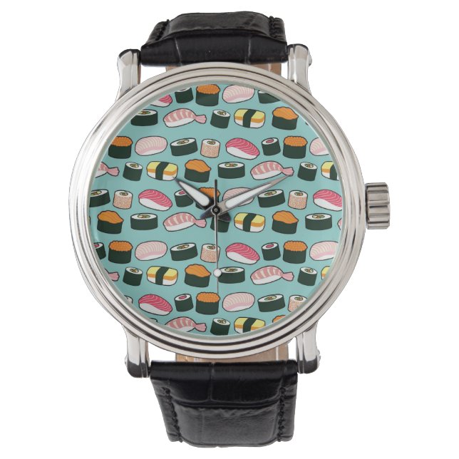 Yummy Sushi Fun Illustrated Pattern Horloge (Voorkant)